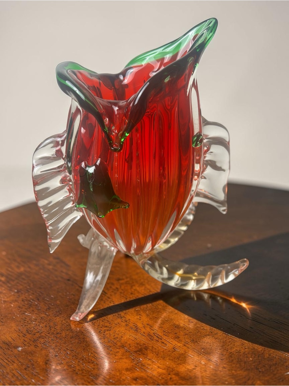 Hand Blown Art Glass Angelfish Sculpture Red Green Murano 9”
